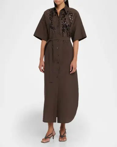 Brunello Cucinelli Sequin Embroidered Cotton Poplin Midi Shirtdress | Thumbnail 4