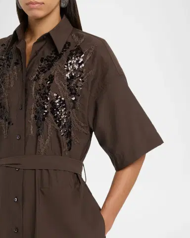 Brunello Cucinelli Sequin Embroidered Cotton Poplin Midi Shirtdress | Thumbnail 5