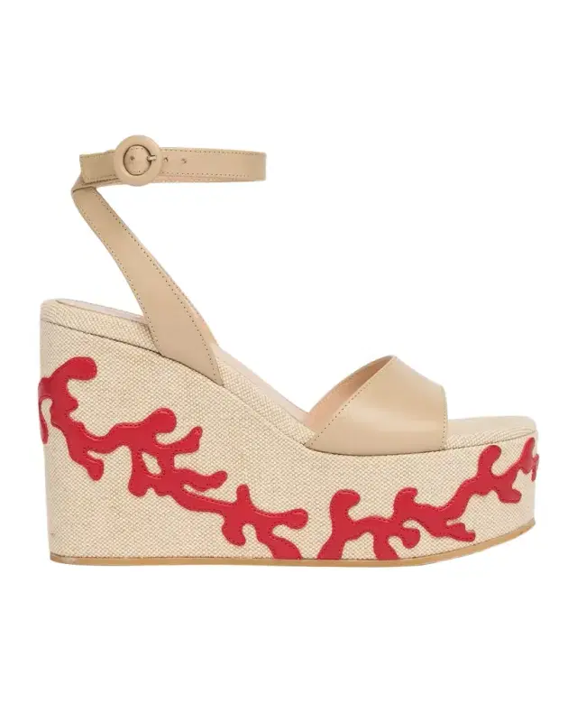 60mm Coral Leather and Canvas Wedge Sandals