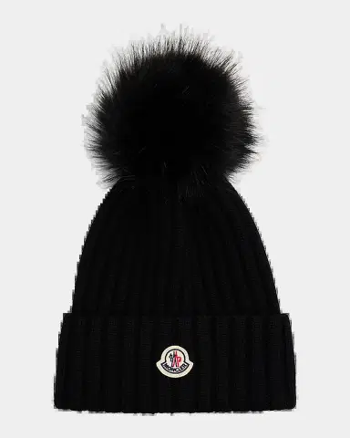 Moncler Ribbed Beanie with Faux Fur Pom | Thumbnail 2 Moncler Ribbed Beanie with Faux Fur Pom | Thumbnail 2