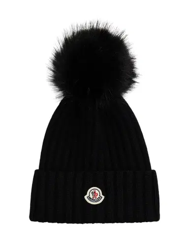 Moncler Ribbed Beanie with Faux Fur Pom | Thumbnail 1 Moncler Ribbed Beanie with Faux Fur Pom | Thumbnail 1