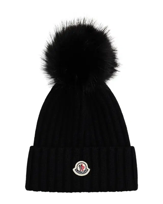 Moncler Ribbed Beanie with Faux Fur Pom