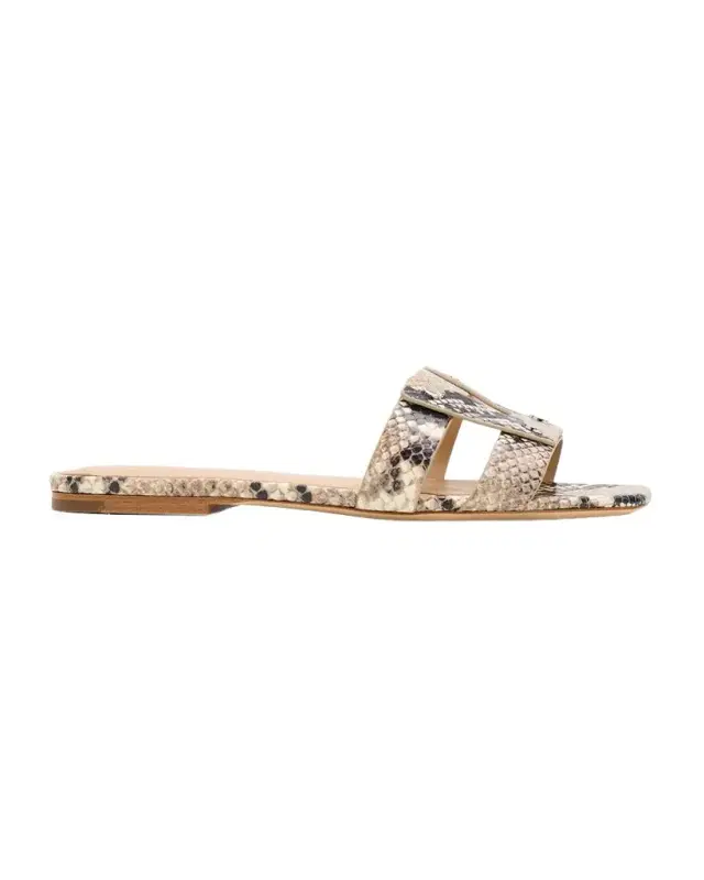 Via Snake-Printed Leather Flat Slide Sandals