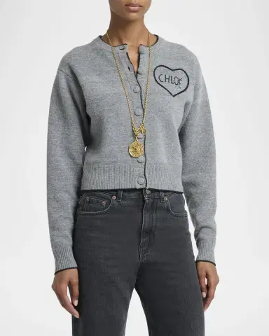 Chloé Logo Heart Wool-Cashmere Crewneck Cardigan | Thumbnail 4