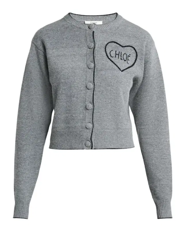 Chloe Logo Heart Wool-Cashmere Crewneck Cardigan