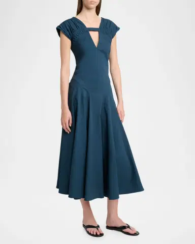 Proenza Schouler Manoela Poplin V-Neck Midi Dress | Thumbnail 4
