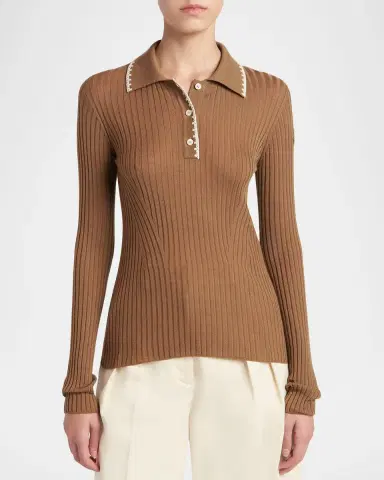 Moncler Long-Sleeve Rib-Knit Polo | Thumbnail 4 Moncler Long-Sleeve Rib-Knit Polo | Thumbnail 4
