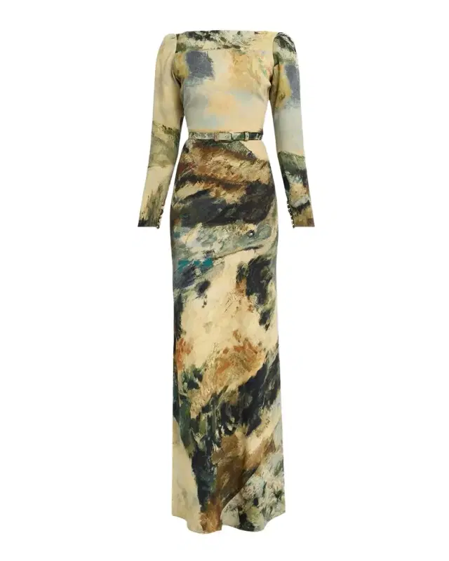 Modernist Landscape Belted Long-Sleeve Maxi Dress