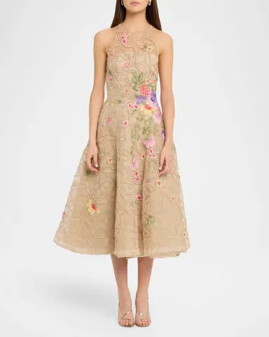 Naeem Khan Raffia Floral Embroidered Sleeveless Midi Dress | Thumbnail 2