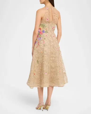 Naeem Khan Raffia Floral Embroidered Sleeveless Midi Dress | Thumbnail 3