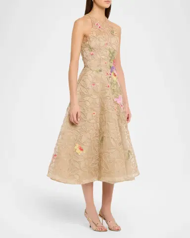Naeem Khan Raffia Floral Embroidered Sleeveless Midi Dress | Thumbnail 4