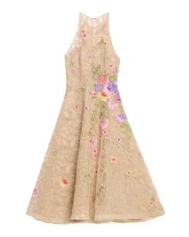 Naeem Khan Raffia Floral Embroidered Sleeveless Midi Dress | Thumbnail 1