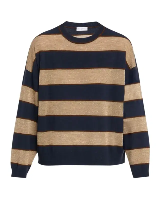 Shimmering Striped Wool-Cashmere Crewneck Sweater