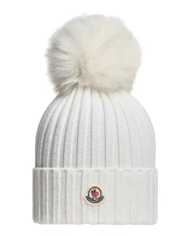 Moncler Ribbed Beanie with Faux Fur Pom | Thumbnail 1 Moncler Ribbed Beanie with Faux Fur Pom | Thumbnail 1