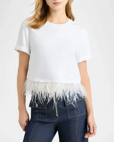 Cinq à Sept Cropped Feather-Trim Tee | Thumbnail 3
