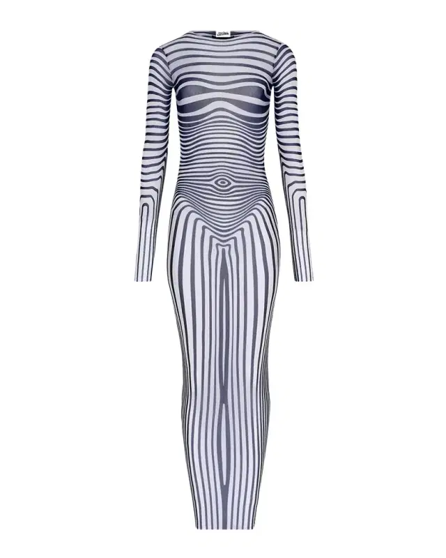 Re-Edition Body Morphing Trompe L 'oeil Mesh Long-Sleeve Maxi Dress