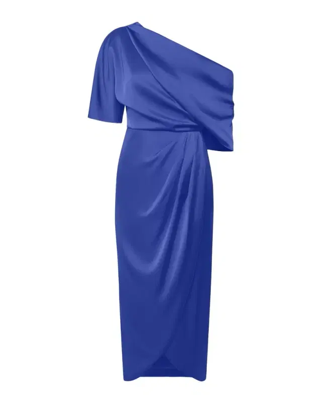 Theia Rayna Draped One-Shoulder High-Low Gown