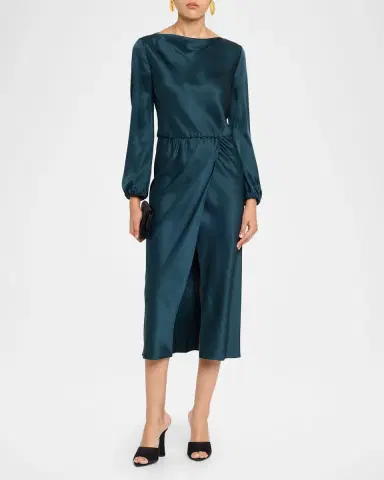 Giorgio Armani High-Neck Long-Sleeve Satin Midi Dress | Thumbnail 2 Giorgio Armani High-Neck Long-Sleeve Satin Midi Dress | Thumbnail 2