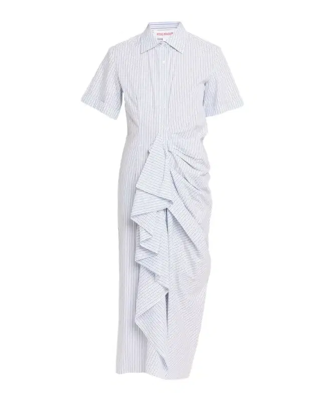 Gathered Ruffle Striped Cotton Midi Shirtdress