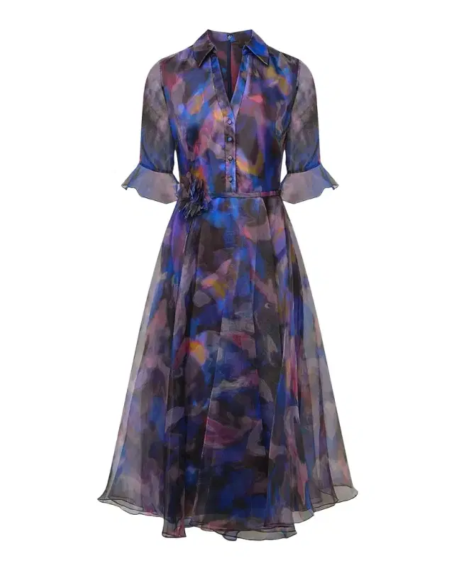 Colette Abstract-Print Organza Midi Shirtdress