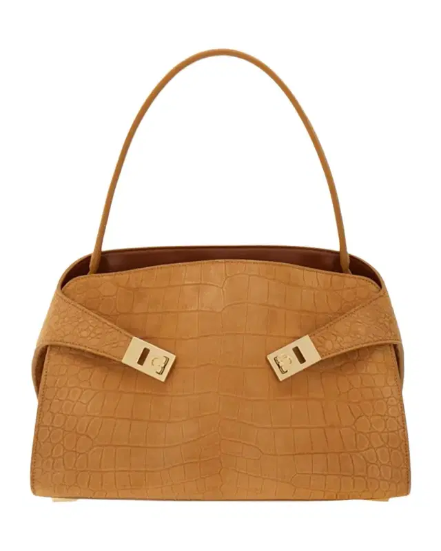 Ferragamo Hug Croc-Embossed Suede Shoulder Bag