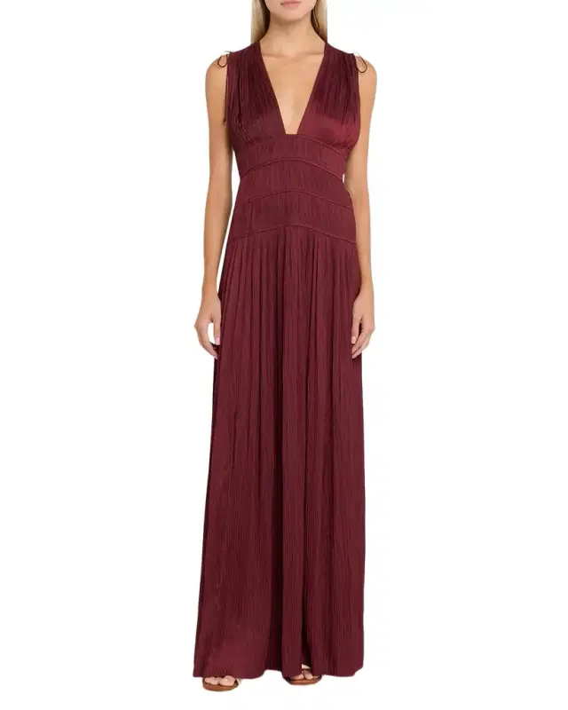 Ulla Johnson Tasneem Pleated Deep-V Satin Gown