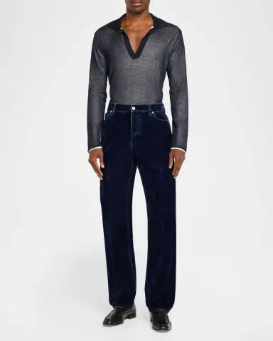 Ferragamo Men's Tipped Long-Sleeve Silk Knit Polo Shirt | Thumbnail 2 Ferragamo Men's Tipped Long-Sleeve Silk Knit Polo Shirt | Thumbnail 2