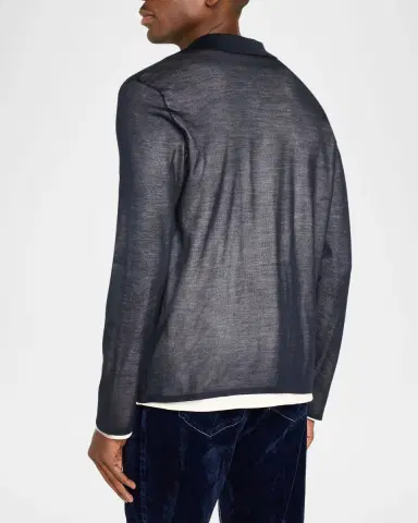 Ferragamo Men's Tipped Long-Sleeve Silk Knit Polo Shirt | Thumbnail 3 Ferragamo Men's Tipped Long-Sleeve Silk Knit Polo Shirt | Thumbnail 3
