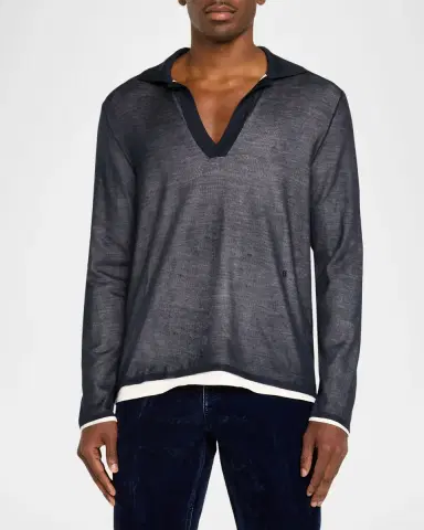Ferragamo Men's Tipped Long-Sleeve Silk Knit Polo Shirt | Thumbnail 4 Ferragamo Men's Tipped Long-Sleeve Silk Knit Polo Shirt | Thumbnail 4