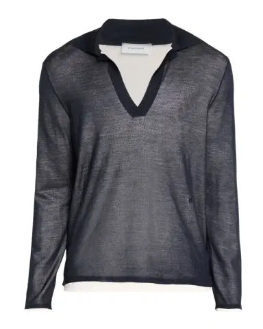 Ferragamo Men's Tipped Long-Sleeve Silk Knit Polo Shirt | Thumbnail 1 Ferragamo Men's Tipped Long-Sleeve Silk Knit Polo Shirt | Thumbnail 1