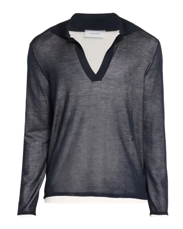 Ferragamo en 's Tipped Long-Sleeve Silk Knit Polo Shirt