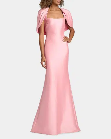 Badgley Mischka Square-Neck Mikado Capelet Trumpet Gown | Thumbnail 2 Badgley Mischka Square-Neck Mikado Capelet Trumpet Gown | Thumbnail 2