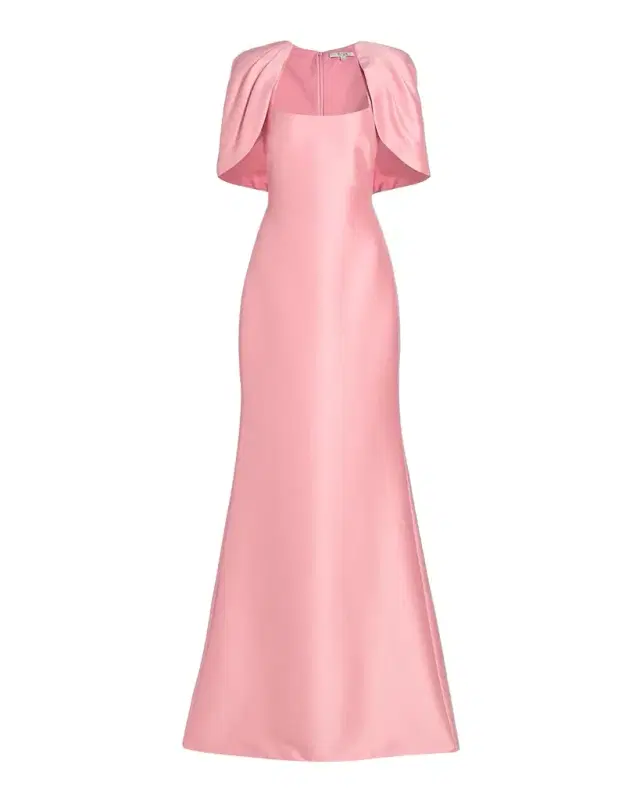 Badgley Mischka Square-Neck Mikado Capelet Trumpet Gown