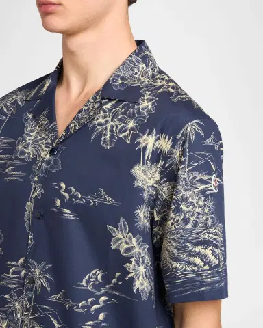 Moncler Men's Island-Print Cotton Short-Sleeve Shirt | Thumbnail 5 Moncler Men's Island-Print Cotton Short-Sleeve Shirt | Thumbnail 5