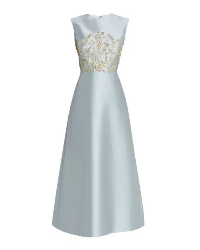 Petals, Spice, and Whispers of Plumage Embroidered Satin Dress