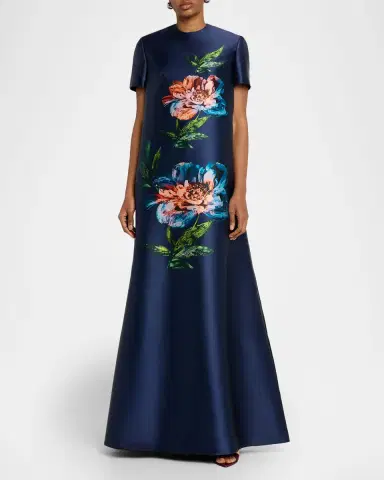 Reem Acra Floral-Print Satin Faille Long Kaftan Gown | Thumbnail 2 Reem Acra Floral-Print Satin Faille Long Kaftan Gown | Thumbnail 2