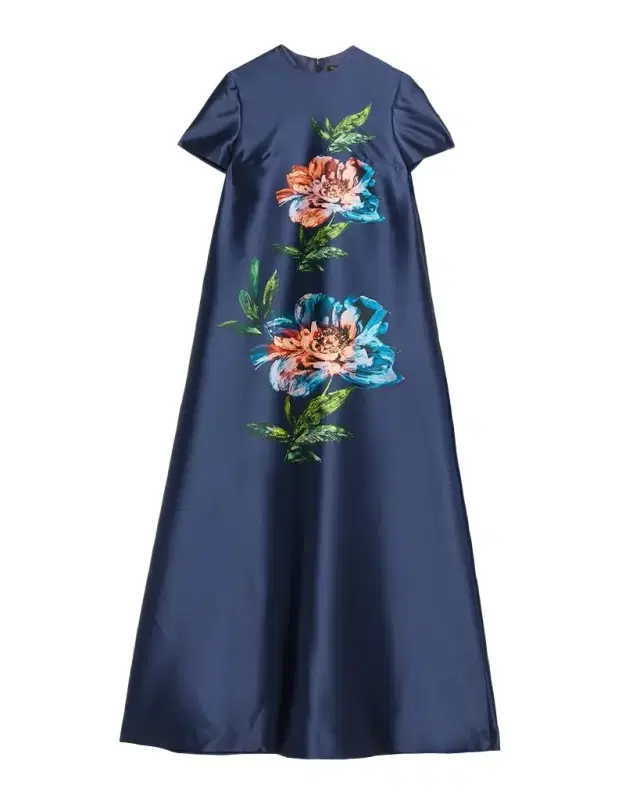 Reem Acra Floral-Print Satin Faille Long Kaftan Gown
