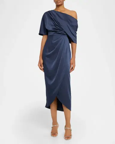 Theia Rayna Draped One-Shoulder Satin Midi Dress | Thumbnail 2
