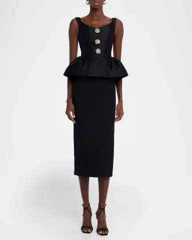 Roland Mouret Crystal Button-Front Sleeveless Peplum Midi Dress | Thumbnail 2