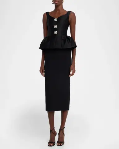 Roland Mouret Crystal Button-Front Sleeveless Peplum Midi Dress | Thumbnail 4