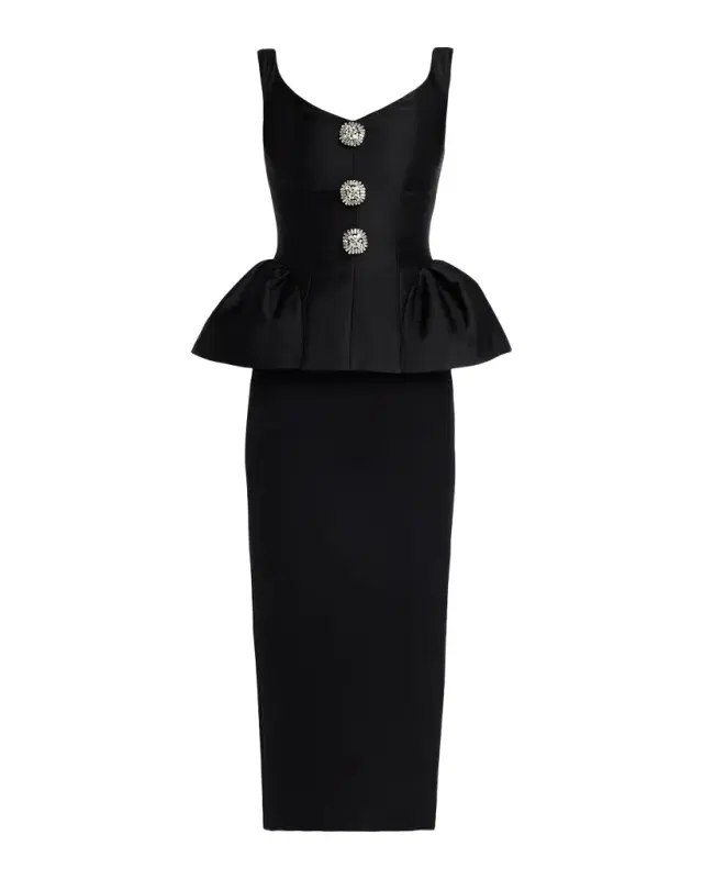 Crystal Button-Front Sleeveless Peplum Midi Dress