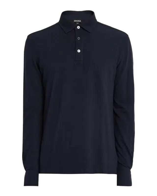 Men's Leather-Trim Cotton Long-Sleeve Polo Shirt