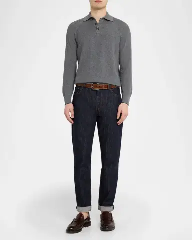 Brunello Cucinelli Men's Cotton English Rib Knit Polo Sweater | Thumbnail 2