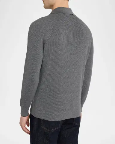 Brunello Cucinelli Men's Cotton English Rib Knit Polo Sweater | Thumbnail 3