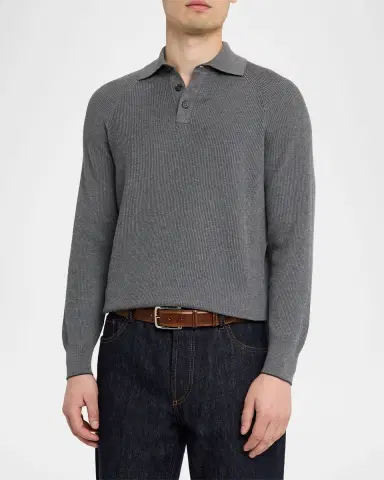 Brunello Cucinelli Men's Cotton English Rib Knit Polo Sweater | Thumbnail 4