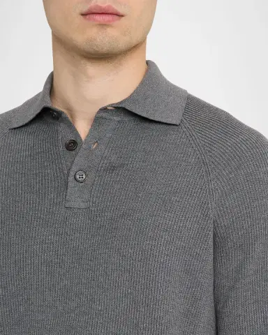 Brunello Cucinelli Men's Cotton English Rib Knit Polo Sweater | Thumbnail 5