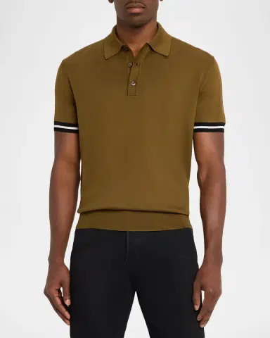 Tom Ford Men's Cotton and Silk Tipped Short-Sleeve Polo Sweater | Thumbnail 4 Tom Ford Men's Cotton and Silk Tipped Short-Sleeve Polo Sweater | Thumbnail 4