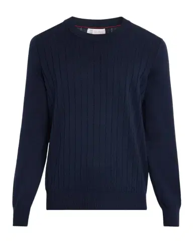 Brunello Cucinelli Men's Cotton Rib Crewneck Sweater | Thumbnail 1 Brunello Cucinelli Men's Cotton Rib Crewneck Sweater | Thumbnail 1