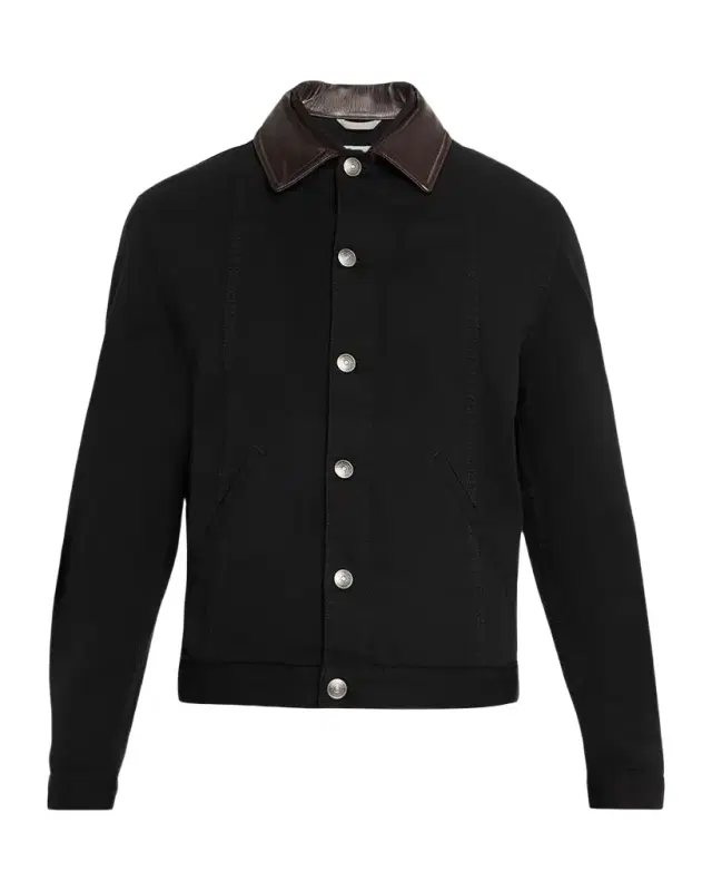 Brunello Cucinelli Men 's Garment-Dyed Denim Leather-Collar Shirt Jacket