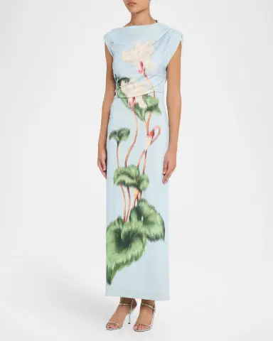 Oscar de la Renta Chinese Cyclamen-Print Draped Jersey Maxi Dress | Thumbnail 4 Oscar de la Renta Chinese Cyclamen-Print Draped Jersey Maxi Dress | Thumbnail 4